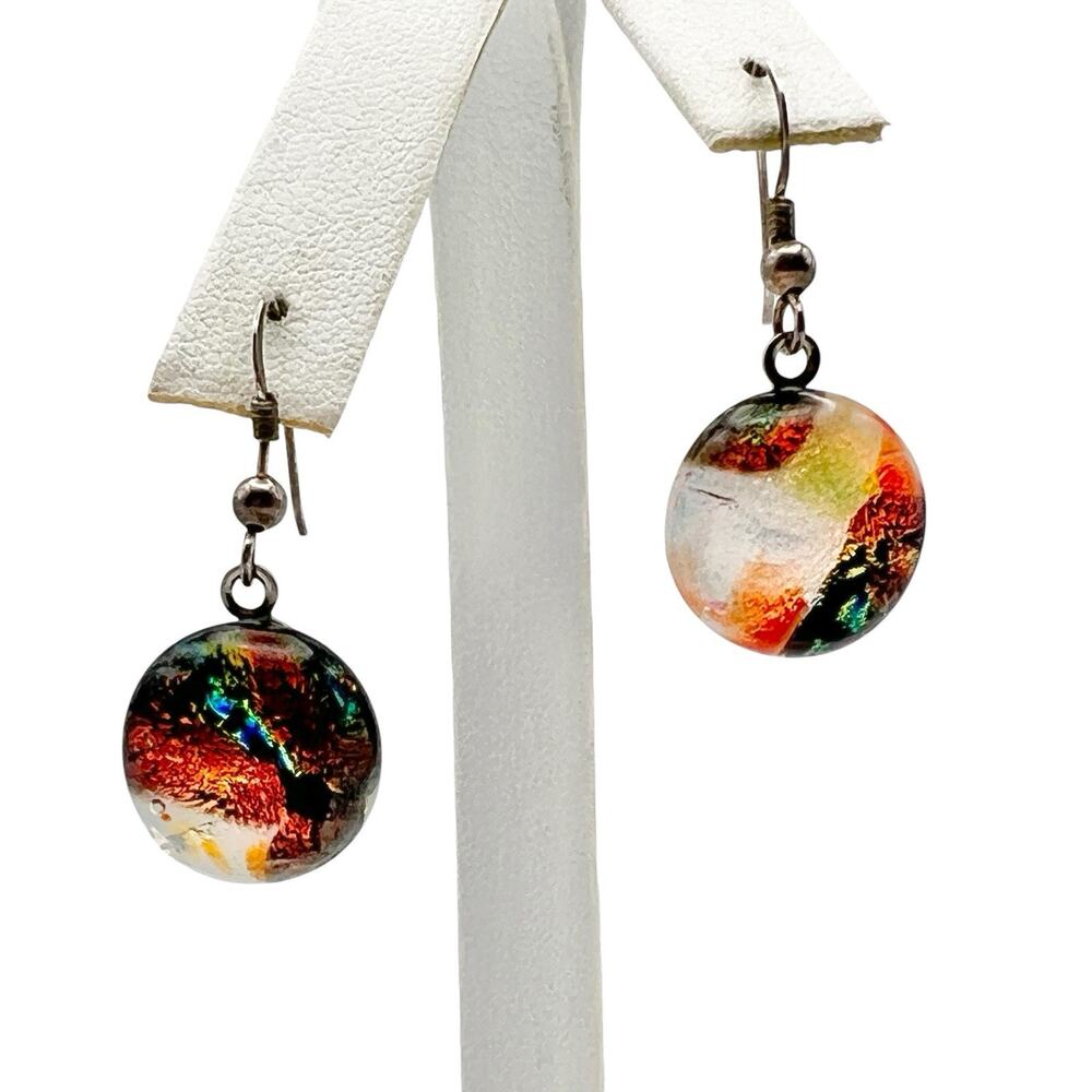 Dichroic Glass Dangle Earrings Iridescent Red Gold Fused Boho Artisan 925 Hooks